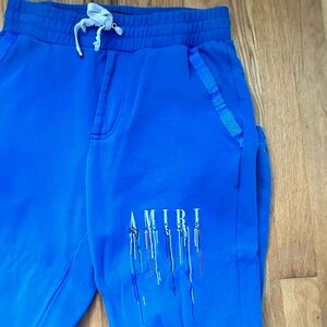 AMIRI  paint drip cord logo, sweatpants, blue, and white jogger sweatpants